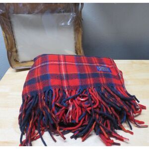 Vintage Pendleton Red Blue Black Fringe Plaid Made In USA Virgin Wool Blanket